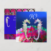 SEEPFERDE BEACH WEDD MONOGRAM, rosa blaues Schwarz Einladung (Vorne/Hinten)