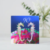 SEEPFERDE BEACH WEDD MONOGRAM, rosa blaues Schwarz Einladung (Stehend Vorderseite)