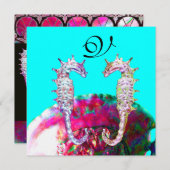 SEEPFERDE BEACH WEDD MONOGRAM, rosa blaues Schwarz Einladung (Vorne/Hinten)