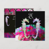 SEEPFERDE BEACH WEDD MONOGRAM, rosa blaues Schwarz Einladung (Vorne/Hinten)