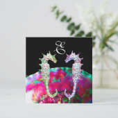 SEEPFERDE BEACH WEDD MONOGRAM, rosa blaues Schwarz Einladung (Stehend Vorderseite)