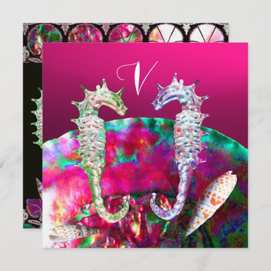 SEEPFERDE BEACH WEDD MONOGRAM, rosa schwarz Einladung (Vorne/Hinten)