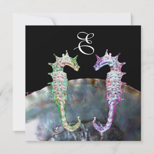 SEEPFERDE BEACH WEDD MONOGRAM, rosa Schwarz Einladung (Vorderseite)