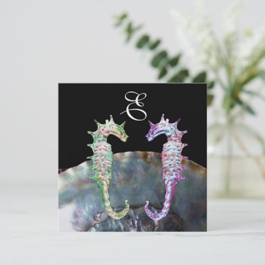 SEEPFERDE BEACH WEDD MONOGRAM, rosa Schwarz Einladung (Stehend Vorderseite)