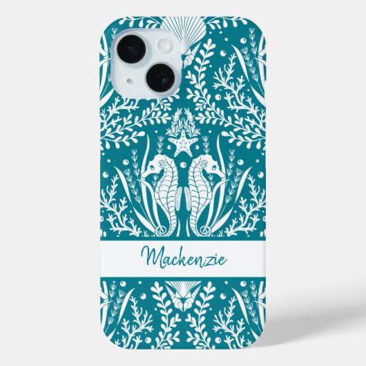 Seepferde Damask Aquamarin Blue White Personalisie Case-Mate iPhone Hülle (Rückseite)