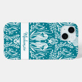 Seepferde Damask Aquamarin Blue White Personalisie Case-Mate iPhone Hülle (Rückseite (Horizontal))