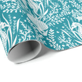 Seepferde Damask Muster Aquamarin Blau und Weiß Geschenkpapier (Rolleneckpunkt)