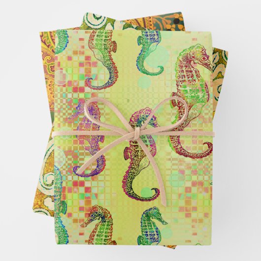 Seepferde, Holzbeeren und Cardiff-Sampler Geschenkpapier Set (Beispiel)