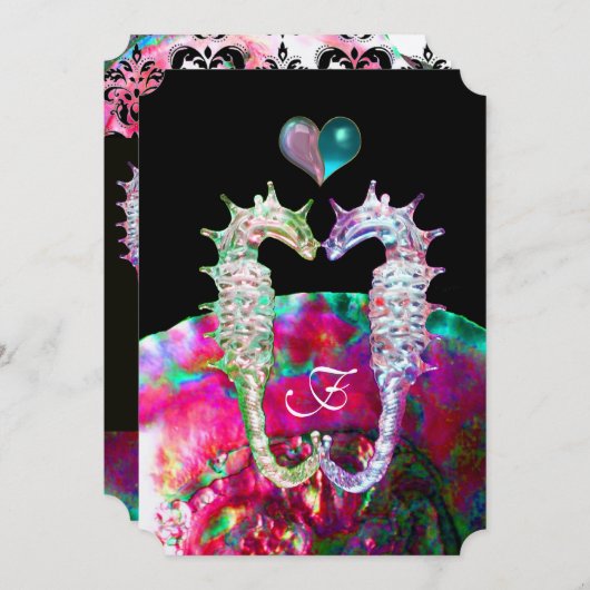 SEEPFERDE IN LIEBE DAMASK STRAND WEDING MONOGRAM EINLADUNG (Vorne/Hinten)