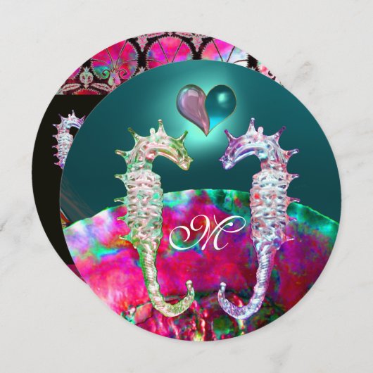 SEEPFERDE IN LIEBE STRANDWÄSCHE MONOGRAM EINLADUNG (Vorne/Hinten)