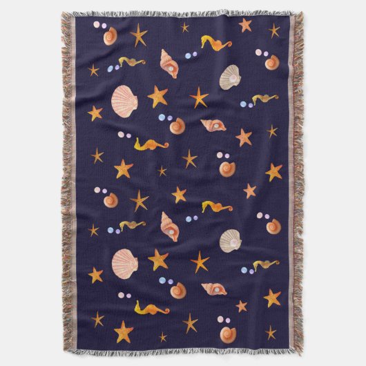 Seepferde, Meeressterne und Muscheln auf marinebla Decke (Vorderseite Vertikal)