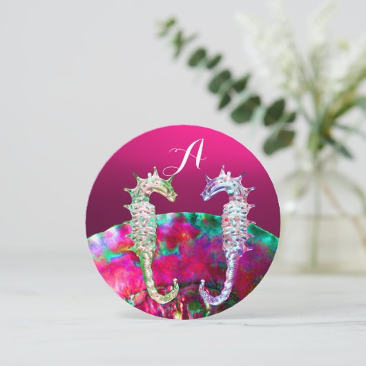 SEEPFERDE, PINK NACRE BEACH WEDING MONOGRAM EINLADUNG (Stehend Vorderseite)