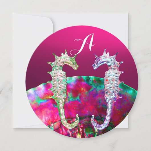 SEEPFERDE, PINK NACRE BEACH WEDING MONOGRAM EINLADUNG (Vorderseite)