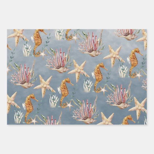 Seepferde Starfish unter dem tiefblauen Meer Geschenkpapier Set (Vorderseite)