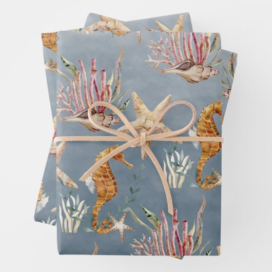 Seepferde Starfish unter dem tiefblauen Meer Geschenkpapier Set (Beispiel)
