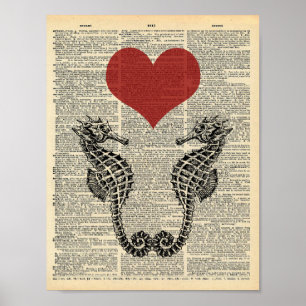 Seepferde und Herzen auf der Vintagen Wörterbuchse Poster