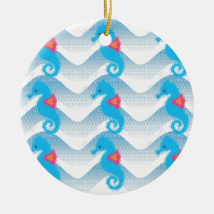 Seepferde und Muster in Blauer Welle Keramik Ornament