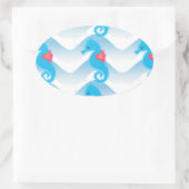 Seepferde und Muster in Blauer Welle Ovaler Aufkleber (Tasche)