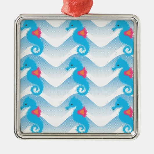 Seepferde und Muster in Blauer Welle Silbernes Ornament (Vorne)
