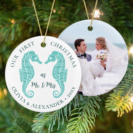 Seepferds Beach First Christmas Mr. und Mrs. Foto Keramik Ornament