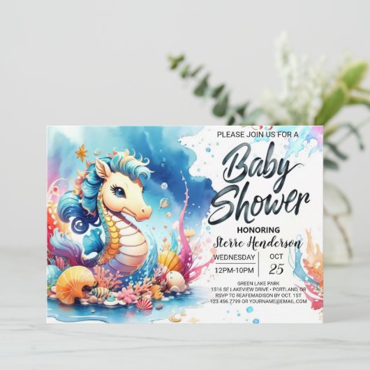 Seepferds Unterwassergartendusche Einladung (Stehend Vorderseite)