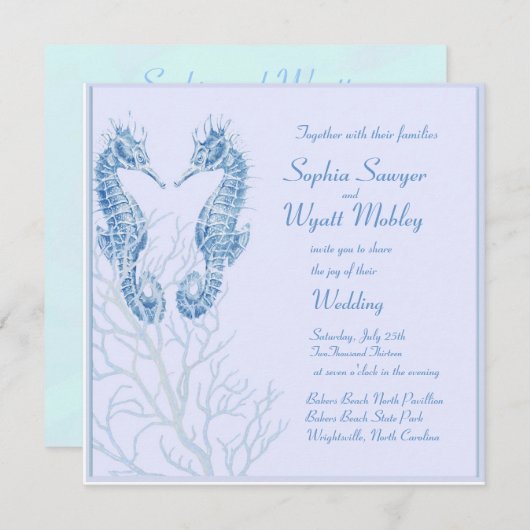Seepferdstrandhochzeitsblau - Einladung (Vorne/Hinten)