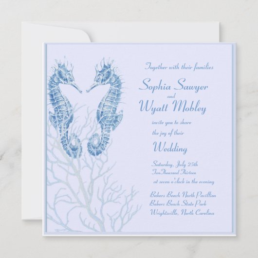Seepferdstrandhochzeitsblau - Einladung (Vorderseite)
