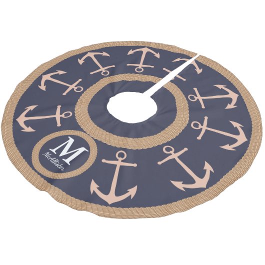 Seepfirsich-Anker auf Marine-Blau - Familienname Polyester Weihnachtsbaumdecke (Schrägansicht)