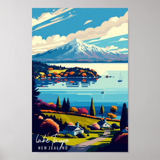 Sees Taupo Neuseeland Vintage Illustration Poster (Vorne)