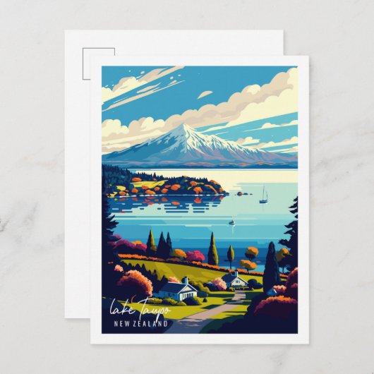 Sees Taupo Neuseeland Vintage Illustration Postkarte (Vorne/Hinten)