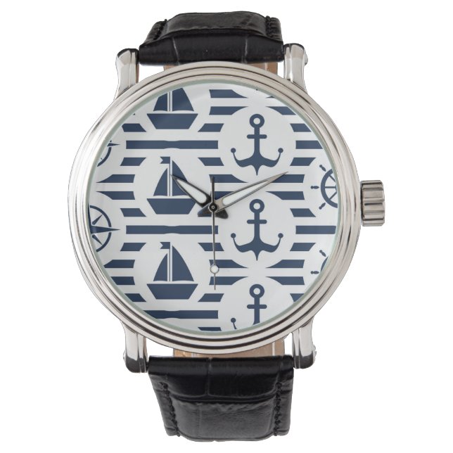 Seeschifffahrt in blauem Muster Armbanduhr (Vorderseite)