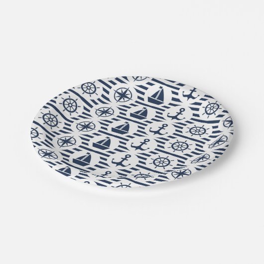 Seeschifffahrt in blauem Muster Pappteller (Schrägansicht)