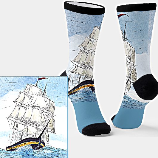 Seeschiffswellen auf Sea Illustration Light Blue Socken