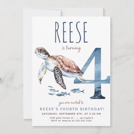 Seeschildkröte - Vierte Geburtstagsfeier Einladung (Vorderseite)