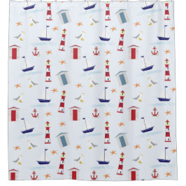 SeeSegelbootleuchtturmstrand-Hüttenmuster Duschvorhang