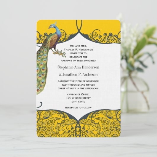 Seestelle und Mustard Peacock Love Bird Pattern We Einladung (Stehend Vorderseite)