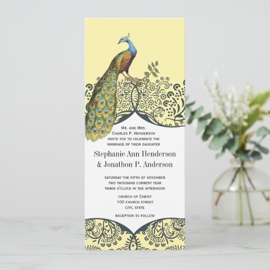Seestelle und Mustard Peacock Love Bird Pattern We Einladung (Stehend Vorderseite)