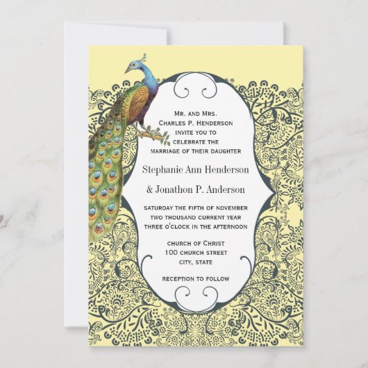 Seestelle und Mustard Peacock Love Bird Pattern We Einladung (Vorderseite)