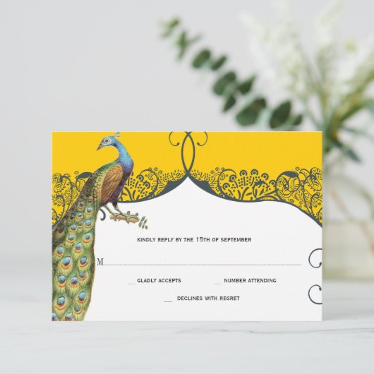 Seestelle und Mustard Peacock Love Bird Pattern We RSVP Karte (Stehend Vorderseite)