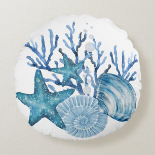 Seestern Koralle Blau Wasserfarbe Strand Art Rundes Kissen