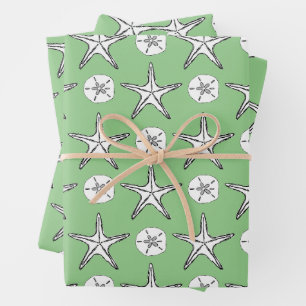 Seestern Sanddollar Skizzenmuster Grün Geschenkpapier Set