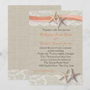 Seestern und Band Vintage Strand Korallen Hochzeit Einladung
