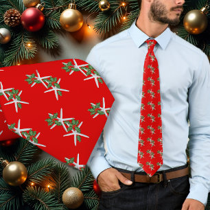 Seestern und Stechpalme Leuchtend roter Weihnachts Krawatte