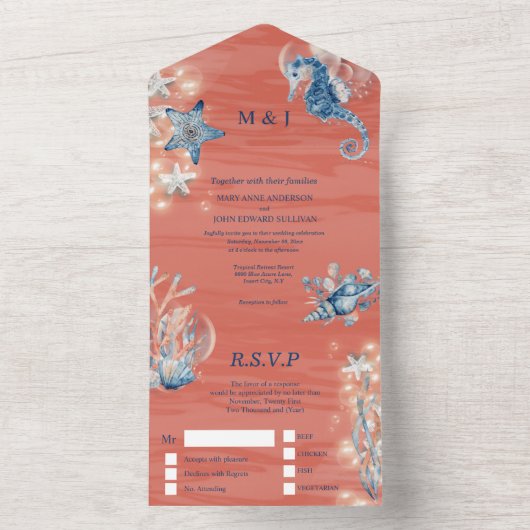 Seesterne-Hochzeitsfeier mit blauorangefarbenem Se All In One Einladung (Innen)