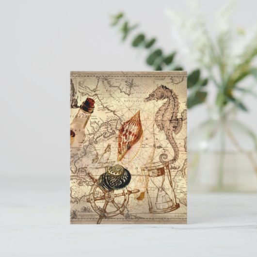Seesterne seashell Nautical Map Postkarte (Stehend Vorderseite)