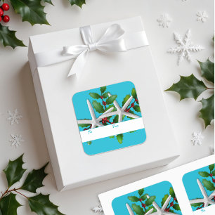 Seesterne und Holly-Weihnachtsgeschenk-Aufkleber A Quadratischer Aufkleber