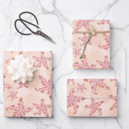 Seesterne und Korallen-Rosa Pastell-Muster Geschenkpapier Set (Vorderseite)
