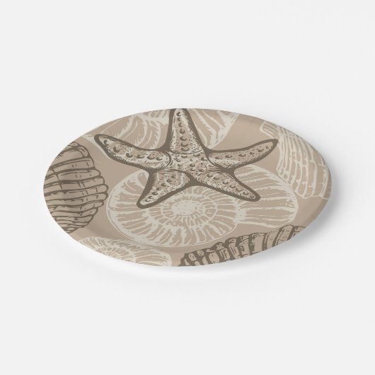 Seesterne und Muscheln in Beige an der Meereswelt Pappteller (Schrägansicht)