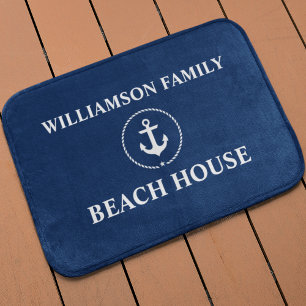 Seestrand-Haus-Familienname-Anker-Marine-Blau Badematte