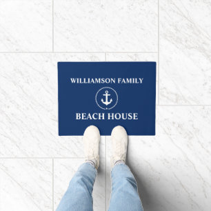 Seestrand-Haus-Familienname-Anker-Marine-Blau Fußmatte